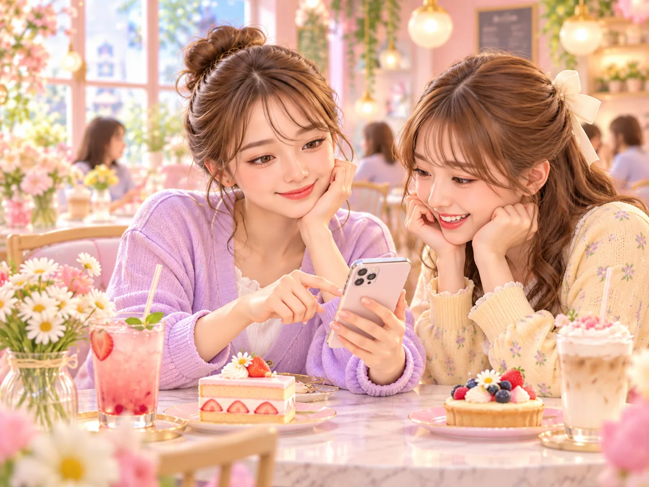 友人とスマートフォンで情報を確かめる女性たちのイメージ