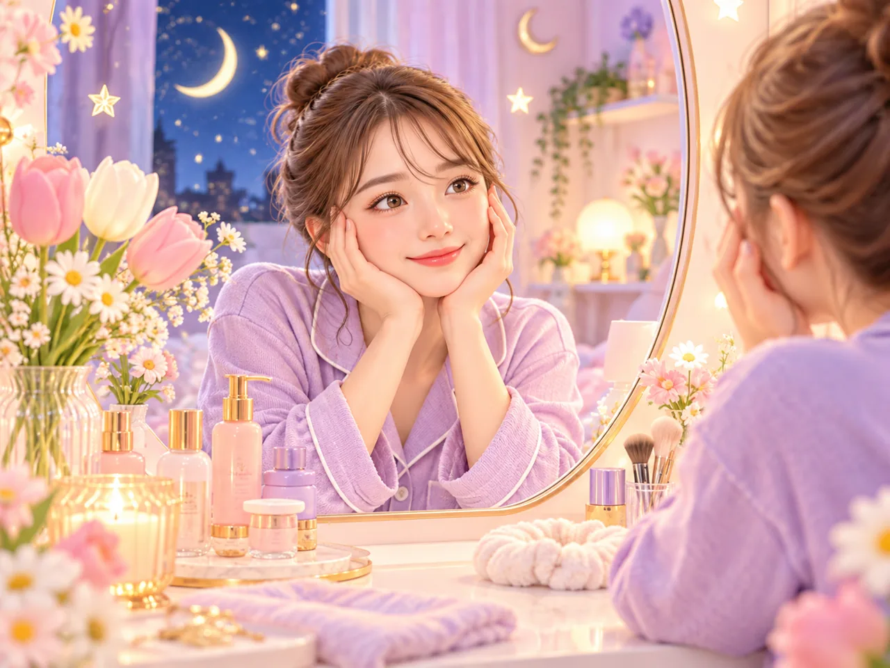 夜、鏡の前で自分の表情を見つめる成人女性のイメージ