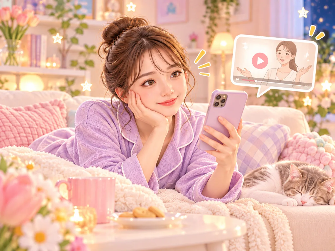スマートフォンで動画を見る夜のセルフケアのイメージ